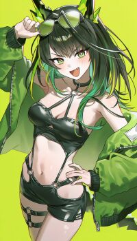1girl :d adjusting_eyewear ai-assisted animal_ears arknights arm_up bare_shoulders black_choker black_hair black_shorts blush booool breasts choker cleavage crop_top eyewear_on_head fang green_background green_eyes green_hair green_jacket green_theme hand_on_eyewear hand_on_own_hip highres jacket long_hair long_sleeves looking_at_viewer medium_breasts midriff mon3tr_(arknights) multicolored_hair navel o-ring off_shoulder open_clothes open_jacket open_mouth short_shorts shorts simple_background smile solo stable_diffusion stomach sunglasses thigh_strap thighs v-shaped_eyebrows