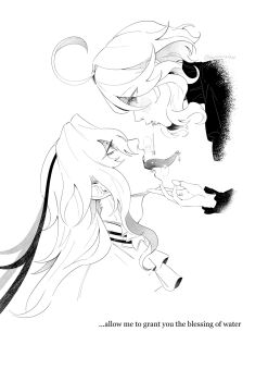 Rule 34 | 1boy, 1girl, assertive female, blush, bonbon (bonesofbeskar), breath, commentary, drooling, english commentary, english text, eye contact, from side, furina (genshin impact), genshin impact, greyscale, hand on another's chin, hetero, highres, long tongue, looking at another, monochrome, neuvillette (genshin impact), open mouth, short hair, simple background, spitting in another's mouth, tongue, white background