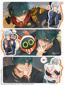 2boys arrow_through_heart black_jacket black_shirt clenched_hand closed_mouth commentary_request gogo_(go2z3) green_hair grey_hair grid_background hair_between_eyes heart highres hugging_object imminent_punch jacket lighter_(zenless_zone_zero) male_focus multiple_boys multiple_views outline pillow pillow_hug red_scarf scarf shirt short_hair simple_background spoken_heart sunglasses torn_clothes torn_shirt twitter_username white_outline wise_(zenless_zone_zero) yaoi zenless_zone_zero
