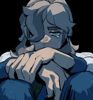 1boy absurdres arven_(pokemon) black_hair commentary_request covered_mouth crying furrowed_brow hair_over_one_eye hand_on_own_wrist highres knees_up long_hair long_sleeves looking_down male_focus mole_on_hand nintendo pokemon pokemon_sv sanmarino016 solo tearing_up tears