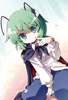 1girl akaneya antennae aqua_eyes cape female_focus finger_to_mouth green_hair long_sleeves looking_at_viewer pants petals shirt short_hair sitting smile solo touhou wriggle_nightbug