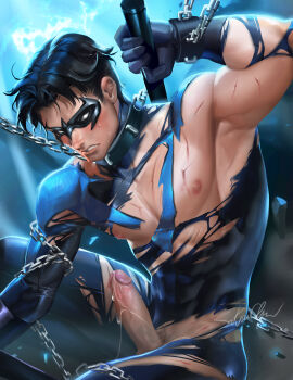 1boy abs batman_(series) black_hair bodysuit chain dc_comics dick_grayson domino_mask erection escrima_stick eye_mask gloves gradient_background highres male_focus mask nightwing penis sakimichan short_hair skin_tight solo toned torn_clothes uncensored watermark