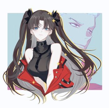 1boy 1girl archer_(fate) archer_(honkai:_star_rail)_(fate) bare_shoulders belt_collar black_hair black_necktie blue_eyes breasts closed_mouth clothes_down collar commentary_request curtained_hair fate/stay_night fate_(series) high_collar highres honkai:_star_rail honkai_(series) jacket large_breasts looking_ahead looking_at_viewer necktie red_jacket shiba_xie18 shirt short_hair short_necktie sleeveless sleeveless_shirt star_(symbol) tohsaka_rin tohsaka_rin_(honkai:_star_rail) two_side_up white_hair