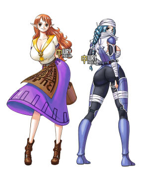 2girls apron ass blue_hair blush bodysuit boots breasts brown_eyes bucket cleavage cosplay curvy earrings female_focus from_behind full_body huge_ass iury_padilha jewelry knife large_breasts long_hair looking_at_viewer malon malon_(cosplay) multiple_girls nami_(one_piece) nefertari_vivi nintendo one_piece orange_hair pointy_ears sheik sheik_(cosplay) sideboob skirt the_legend_of_zelda the_legend_of_zelda:_ocarina_of_time
