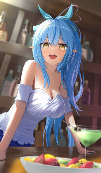 Rule 34 | 1girl, :d, ahoge, arm support, bar (place), bare shoulders, blue hair, blue nails, blurry, blurry background, breasts, cleavage, cocktail glass, commentary request, cup, depth of field, detached sleeves, double-parted bangs, drinking glass, food, fruit, hair between eyes, hair ribbon, heart, heart ahoge, high ponytail, highres, hololive, hololive grand theft auto, indoors, large breasts, long hair, looking at viewer, multicolored hair, nail polish, official alternate hairstyle, open mouth, pink hair, pointy ears, ponytail, pov across table, ribbon, ringed eyes, smile, solo, strapless, streaked hair, teeth, torjun 111, tube top, upper teeth only, very long hair, virtual youtuber, white tube top, yellow eyes, yukihana lamy