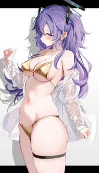 1girl absurdres alternate_costume bikini blue_archive blush breasts collarbone covered_erect_nipples gold_bikini groin halo highres letterboxed long_hair looking_at_viewer medium_breasts navel open_clothes open_shirt purple_eyes purple_hair see-through_clothes see-through_shirt shadow shirt shirt_partially_removed sideboob sideways_glance sikimosh skindentation solo stomach string_bikini swimsuit thigh_strap underboob very_long_hair white_shirt yuuka_(blue_archive)