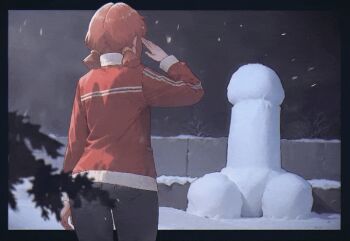 1girl 2ch.ru ai-assisted animated animated_gif ass bare_tree black_pants black_theme blurry blurry_background blurry_foreground border commentary cowboy_shot depth_of_field english_commentary everlasting_summer facing_away from_behind jacket leonzo long_sleeves looking_back neo_armstrong_cyclone_jet_armstrong_cannon night night_sky outdoors outside_border pants phallic_symbol red_hair red_jacket salute sidelocks sky snow snow_sculpture snowing solo summer tree ussr-tan winter winter_clothes