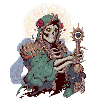 1boy absurdres armor artist_name bone coat green_coat highres holding holding_sword holding_weapon hood hooded_coat looking_at_viewer open_clothes open_coat original pauldrons sanekyle shoulder_armor simple_background skeleton skull solo sword upper_body weapon white_background