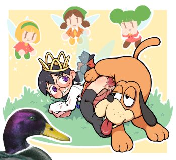 1boy 4girls all_fours animal_ears animal_penis bestiality bird black_hair blonde_hair blush brown_hair clothed_sex crown dog dog_(duck_hunt) dog_ears dog_penis dog_tail double_bun duck duck_(duck_hunt) duck_hunt fairy fairy_queen fairy_wings glasses grey_hair gummuru hair_bun huge_penis kirby_(series) kirby_64 knotted_penis knotting loli long_hair multiple_girls nintendo open_mouth penis purple_eyes sex sex_from_behind sweat tail thighhighs tongue tongue_out twintails vaginal veins veiny_penis wings