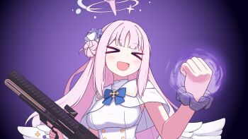 &gt;_&lt; 1girl :d absurdres angel_wings aura blue_archive blunt_bangs bow breasts buttons capelet clenched_hand commentary_request destiny_(game) dress feathered_wings flower gun hair_bun hair_flower hair_ornament halo highres holding holding_gun holding_weapon lanchester_smg large_breasts long_hair low_wings mika_(blue_archive) open_mouth pink_hair pink_halo purple_background rifle school_uniform serafuku single_side_bun smile solo standing submachine_gun weapon white_capelet white_dress white_serafuku white_wings wings xd yellow_eyes zddma20