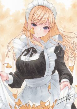 1girl apron artist_name autumn autumn_leaves black_dress black_ribbon blonde_hair blue_eyes blush breasts closed_mouth collar collared_dress commentary_request cowboy_shot dress frilled_apron frilled_collar frills ginkgo_leaf large_breasts leaf light_smile long_hair long_sleeves looking_at_viewer maid_apron maid_headdress marker_(medium) meeya neck_ribbon original parted_bangs ribbon solo standing straight_hair swept_bangs traditional_media white_apron wing_collar