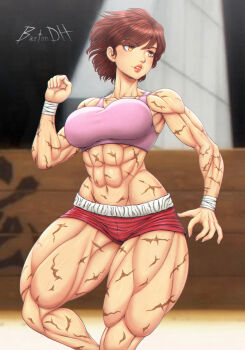 Rule 34 | 1girl, abs, absurdres, artist request, breasts, female focus, genderswap, genderswap (mtf), grappler baki, gym uniform, hanma baki, highres, large breasts, looking away, muscular, muscular female, red hair, scar, solo, yellow eyes