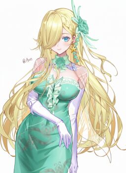 1girl a_(sofi3103) aqua_dress breasts cleavage dress earrings elbow_gloves gloves hair_over_one_eye jewelry mario_(series) nintendo non-web_source off-shoulder_dress off_shoulder rosalina solo standing star_(symbol) star_earrings super_mario_galaxy third-party_edit white_gloves