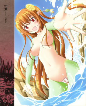 1girl :d absurdres breasts brown_hair elf female_focus flower hair_flower hair_ornament highres image_sample kappa long_hair maebari medium_breasts monster_girl navel nude ocean open_mouth outstretched_hand pointy_ears sin-go smile solo two_side_up very_long_hair water