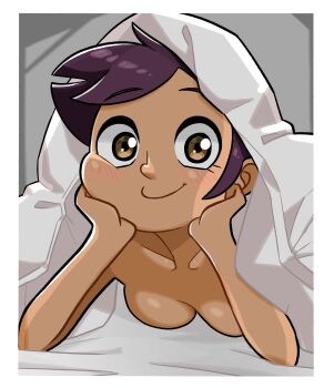 1girl absurdres bed_sheet blanket blush highres looking_at_viewer luz_noceda n_k_m nude purple_hair short_hair smile solo the_owl_house yellow_eyes