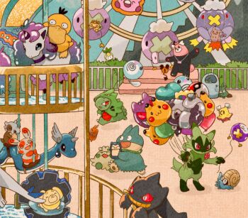amusement_park animal_focus balloon banette bewear bush carousel chansey character_balloon clam clamperl closed_mouth cosplay cubone dedenne dog dragonair drifblim drifloon everyone fangs fence ferris_wheel fidough flittle floragato galarian_form galarian_ponyta gen_1_pokemon gen_2_pokemon gen_3_pokemon gen_4_pokemon gen_5_pokemon gen_6_pokemon gen_7_pokemon gen_8_pokemon gengar highres holding hood hoodie larvitar legendary_pokemon lugia meowth mimikyu munchlax mushroom nintendo omanyte open_mouth outdoors pikachu poke_ball poke_ball_(basic) pokemon pokemon_(creature) pokemon_focus poliwag psyduck revavroom rotom rotom_phone shroomish smile smoliv spinda trash_can trubbish tyranitar tyranitar_(cosplay) zozozoshion
