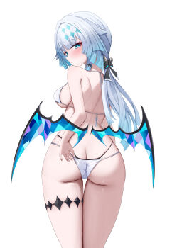 1girl absurdres ass back backboob bikini blue_eyes blue_hair blush breasts butt_crack cerydra_(honkai:_star_rail) commentary from_behind highres honkai:_star_rail honkai_(series) izumiillus long_hair looking_at_viewer looking_to_the_side medium_breasts paid_reward_available simple_background solo swimsuit thigh_strap very_long_hair white_background white_bikini wings