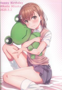 Rule 34 | 1girl, absurdres, asymmetrical bangs, blush, brown eyes, brown hair, brown sweater vest, character name, closed mouth, collared shirt, comiket 106, dated, gekota, grey skirt, hair ornament, hairpin, happy birthday, highres, holding, holding stuffed toy, hugging doll, hugging object, isshi pyuma, knee up, looking at viewer, loose socks, medium hair, miniskirt, misaka mikoto, pleated skirt, scan, school uniform, shirt, short sleeves, skirt, smile, socks, solo, stuffed animal, stuffed frog, stuffed toy, summer uniform, sweater vest, toaru kagaku no railgun, toaru majutsu no index, tokiwadai school uniform, twitter username, white shirt, white socks