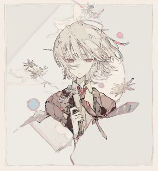 1boy averting_eyes brown_necktie collared_shirt dress_shirt fleabane flower highres holding holding_flower kobayakawa_chiriya male_focus necktie portrait saihate_eki shirt short_hair solo straight-on tatsunami_shion white_flower white_hair white_shirt