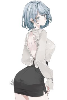 1girl ace_attorney ace_attorney_investigations apolonia-07 ass back backless_outfit black_skirt blue_hair breasts earrings franziska_von_karma from_behind highres ibispaint_(medium) jewelry looking_at_viewer looking_back short_hair simple_background skirt solo
