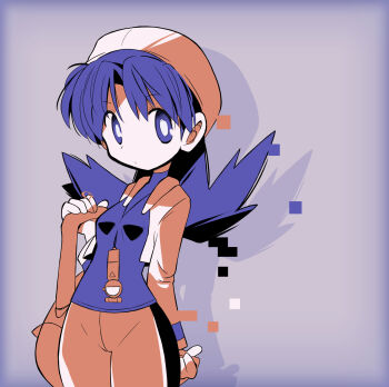 1girl bag bandana beanie bike_shorts blue_eyes blue_hair blue_shirt breasts bright_pupils closed_mouth colored_skin dot_mouth hair_between_eyes hat highres holding holding_bag jacket kris_(pokemon) limited_palette nintendo pale_skin parted_bangs pink_jacket pink_shorts pixels pokegear pokemon pokemon_gsc rascal_(feuille) red_jacket red_shorts shirt shorts small_breasts square twintails white_pupils white_skin