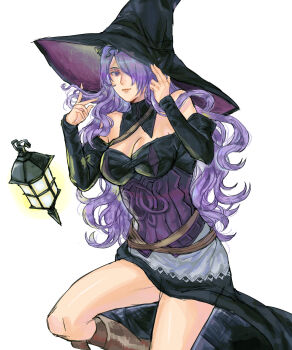 1girl alternate_costume bare_shoulders breasts camilla_(fire_emblem) cleavage corset cosplay detached_collar fire_emblem fire_emblem_fates hat highres jyuv lantern looking_at_viewer nintendo purple_corset solo witch witch_(fire_emblem_fates) witch_(fire_emblem_fates)_(cosplay) witch_hat