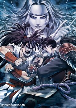 Rule 34 | 1girl, 2boys, absurdres, armor, artist name, belt, black hair, clash, crossover, duel, facial hair, gauntlets, hakama, hakama pants, haoumaru, highres, holding, holding sword, holding weapon, huge filesize, japanese armor, japanese clothes, katana, lightning, long hair, manly, mitsurugi heishirou, multiple boys, pants, ponytail, rashoujin mizuki, red belt, samurai, samurai spirits, soul calibur, soulcalibur, soulcalibur vi, spiked hair, stubble, sword, watermark, weapon, wrist wrap, yorozu