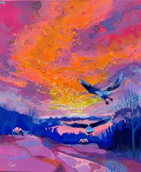 acrylic_paint_(medium) anastasia_trusova animal bare_tree bird commentary english_commentary evening gradient_sky highres house no_humans orange_sky original painting_(medium) purple_sky scenery sky traditional_media tree