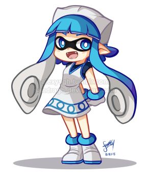 1girl :d blue_eyes blue_hair blush bracelet commentary cosplay crossover dress english_commentary hat highres ikamusume ikamusume_(cosplay) inkling_girl inkling_player_character jewelry long_hair looking_at_viewer nintendo one-piece_swimsuit open_mouth sandragh shinryaku!_ikamusume signature simple_background smile solo splatoon_(series) splatoon_1 squid squid_girl squid_hat swimsuit tentacle_hair tentacles watermark white_dress white_one-piece_swimsuit