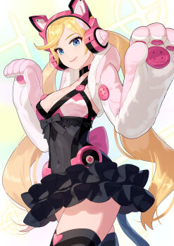 1girl animal_ear_headphones animal_ears blonde_hair blue_eyes breasts cat_ear_headphones cat_ears cleavage commentary_request cowboy_shot cropped_jacket fake_animal_ears headphones highres hood hooded_jacket jacket long_hair lucky_chloe medium_breasts pink_jacket solo sparkle tekken tekken_7 twintails yagi2013