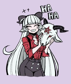 animal_ears baphomet_(grizz) black_horns black_shirt closed_eyes demon_girl dialogue_box goat_ears goat_girl goat_horns goat_mask goat_tail grizz helltaker horns long_hair original pentagram red_shirt shirt smile tail vanripper_(style) white_hair