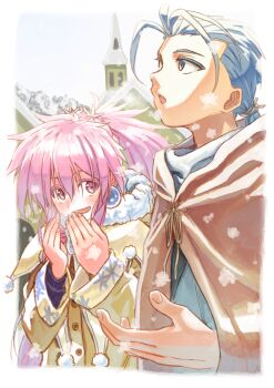 1boy 1girl arche_klein blue_eyes blue_hair chester_burklight commentary_request earrings house jewelry long_hair open_mouth pink_eyes pink_hair ponytail smile snowing tales_of_(series) tales_of_phantasia toraneko wide_ponytail winter_clothes