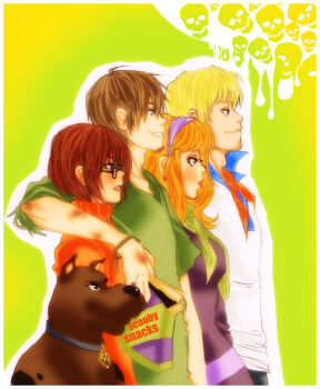 2boys 2girls arm_over_shoulder ary88 bad_deviantart_id bad_id blonde_hair blue_eyes brown_eyes brown_hair closed_mouth daphne_blake dog dog_tags dress english_text everyone eyelashes facial_hair food fred_jones fred_jones glasses green_eyes green_shirt hair_over_eyes hairband highres lipgloss lips lipstick long_hair looking_away makeup multiple_boys multiple_girls parted_lips persona persona_4 purple_dress scarf scooby-doo scooby-doo_(character) shaggy_rogers shirt skull sweater turtleneck turtleneck_sweater velma_dinkley wristband yellow_background
