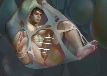 1boy abs ass barefoot black_hair egg feet hanging highres makuro_(inmomakuro) male_focus nest nude pectorals penis red_eyes restrained solo tagme testicles toes web