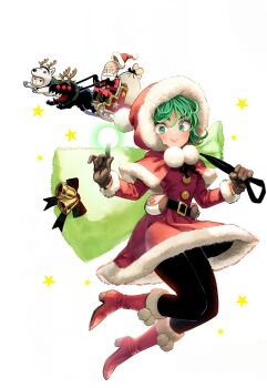 Rule 34 | 1girl, 2boys, bald, bankenman, boots, capelet, christmas, curly hair, dress, floating, fur-trimmed capelet, fur-trimmed dress, fur-trimmed headwear, fur trim, gloves, green eyes, green hair, highres, multiple boys, murata yuusuke, one-punch man, pantyhose, red capelet, red dress, red headwear, saitama (one-punch man), santa boots, santa capelet, santa costume, santa dress, santa gloves, short hair, smile, tatsumaki, third-party source
