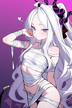 1girl adjusting_hair ahoge alternate_costume bandaged_arm bandaged_chest bandaged_neck bandaged_waist bandages bare_shoulders black_halo black_horns black_ribbon blue_archive blush breasts chest_sarashi clenched_hand closed_mouth demon_girl demon_horns demon_wings evil_otakuhunters gradient_background hair_over_shoulder hair_ribbon halloween halloween_costume halo hand_up heart hina_(blue_archive) horns loli long_eyelashes long_hair looking_at_viewer low_wings multiple_horns mummy_costume navel parted_bangs purple_background purple_eyes ribbon sarashi simple_background small_breasts solo standing very_long_hair white_hair wings