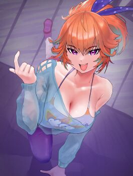 1girl :d absurdres all_fours aqua_hair armpit_crease blue_shirt breasts cleavage hair_ribbon high_ponytail highres hololive hololive_english large_breasts looking_at_viewer official_alternate_costume on_floor open_mouth orange_hair outstretched_leg ponytail purple_eyes ribbon see-through_clothes see-through_shirt shirt smile solo takanashi_kiara takanashi_kiara_(fever_night) virtual_youtuber yodokogon yoga