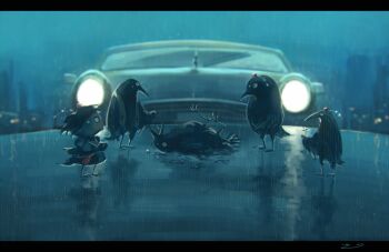 animalization bird bird_wings black_hair black_wings camera car commentary crow death funeral hat holding holding_camera koto_inari motor_vehicle priest rain red_hat shameimaru_aya tengu tokin_hat touhou wide-eyed wings