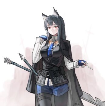 1girl animal_ear_fluff animal_ears arknights artist_name black_hair black_pantyhose black_vest blue_gloves blue_shorts closed_mouth coat coat_on_shoulders collared_shirt commentary cowboy_shot english_commentary fingerless_gloves glint gloves highres holding long_hair long_sleeves looking_at_viewer orange_eyes orini pantyhose shirt shorts solo standing sword texas_(arknights) texas_the_omertosa_(arknights) vest weapon white_shirt wolf_ears wolf_girl