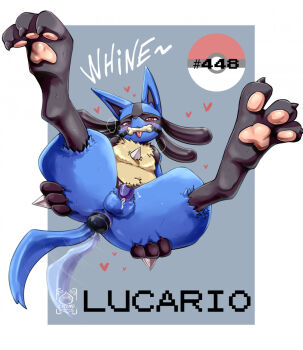 1boy afterimage anal anal_object_insertion animal_ears animal_feet animal_hands animal_nose anus bit_gag black_fur blue_fur body_fur bone border castagno character_name chastity_cage claws completely_nude dildo drooling english_text foot_focus full_body gag gagged gen_4_pokemon grey_background half-closed_eyes heart highres legs_up looking_at_viewer lucario lying male_focus male_penetrated motion_lines nintendo nude object_insertion on_back open_mouth outside_border pawpads penis poke_ball_symbol pokedex_number pokemon pokemon_(creature) precum presenting red_eyes saliva sex_toy simple_background snout solo spikes spread_legs sweat tail tail_wagging testicles thick_thighs thighs tongue tongue_out uncensored white_border wolf_ears wolf_tail yellow_fur