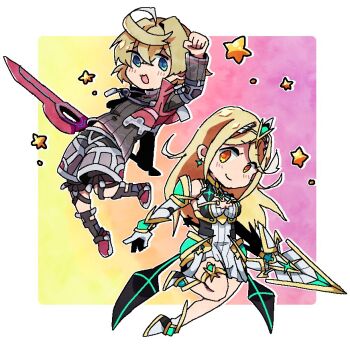 1boy 1girl armor bare_shoulders blonde_hair blue_eyes breasts chibi dress earrings gem gloves headpiece jewelry large_breasts long_hair looking_at_viewer monado mugimugis mythra_(xenoblade) nintendo open_mouth short_hair shulk_(xenoblade) simple_background smile super_smash_bros. swept_bangs sword tiara very_long_hair vest weapon xenoblade_chronicles_(series) xenoblade_chronicles_1 xenoblade_chronicles_2 yellow_eyes