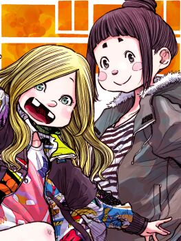 1boy 1girl absurdres asano_inio black_hair blonde_hair blue_eyes blush_stickers brown_eyes buck_teeth button_nose commentary crossdressing dead_dead_demons_de_dedede_destruction hair_bun highres jacket long_hair shirt sidelocks simple_background striped_clothes striped_shirt tainuma_makoto takemoto_futaba teeth text_background