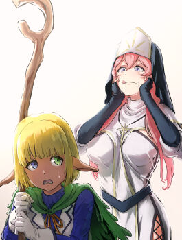 1boy 1girl belt black_belt black_gloves blonde_hair blue_eyes blue_shirt blush bob_cut breasts cape check_commentary coif commentary_request crossdressing crossdressing_(mtf) dark-skinned_male dark_elf dark_skin drooling elbow_gloves elf female_pervert fingerless_gloves fishnet_pantyhose fishnets gloves gradient_background green_cape green_eyes heterochromia highres holding holding_staff jewelry large_breasts leather_shirt lilynette_piani long_hair mare_bello_fiore necklace ninjin_ika nun open_mouth overlord_(maruyama) pantyhose pervert pink_background pink_hair pointy_ears saliva scale_print shirt short_cape short_hair staff sweatdrop tongue trap white_background white_gloves wooden_staff