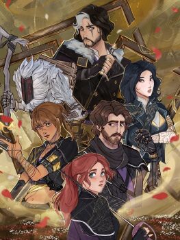 3girls beard black_capelet black_coat black_gloves black_hair blue_eyes braid breasts brown_hair capelet clair_obscur:_expedition_33 coat collared_shirt cropped_torso crown_braid dirty dirty_face facial_hair falling_petals fingerless_gloves freckles gloves grey_background grey_eyes gustave_(clair_obscur:_expedition_33) highres holding holding_sword holding_weapon long_hair looking_at_viewer lune_(clair_obscur:_expedition_33) maelle_(clair_obscur:_expedition_33) medium_breasts multicolored_hair multiple_girls pale_skin parted_bangs parted_lips petals ponytail purple_shirt rapier red_petals scar scar_across_eye scar_on_face scar_on_nose sciel_(clair_obscur:_expedition_33) shirt streaked_hair sword tan vanekairi verso_(clair_obscur:_expedition_33) wavy_hair weapon white_fur white_hair white_shirt