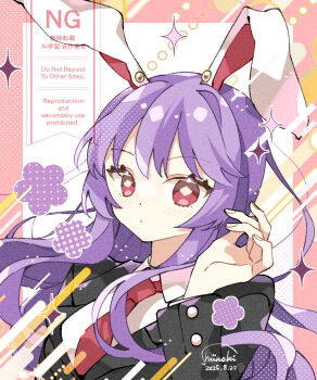 1girl animal_ears black_jacket blush commentary dated dress_shirt fingernails halftone highres jacket long_hair looking_at_viewer necktie purple_hair rabbit_ears rabbit_girl red_eyes red_necktie reisen_udongein_inaba shiinoki_eil shirt signature solo sparkle straight_hair touhou upper_body white_shirt
