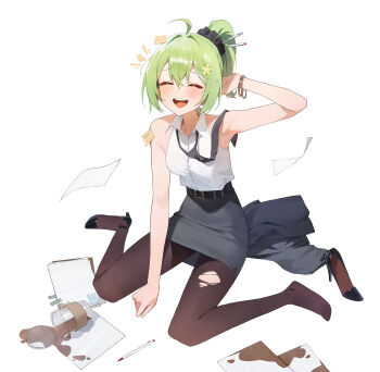 1girl ^_^ ahoge armpits belt black_belt black_pantyhose black_scrunchie black_shoes blush bracelet character_name closed_eyes collared_shirt commentary cup disposable_cup double-parted_bangs english_commentary fallen_down falling_paper flower full_body green_hair grey_skirt hair_flower hair_intakes hair_ornament hair_scrunchie hand_up high_heels highres jewelry medium_hair miniskirt multicolored_hair office_lady open_mouth pantyhose paper pen pencil_skirt ponytail pumps scrunchie shirt shirt_tucked_in shoes simple_background single_shoe sitting skirt sleeveless sleeveless_shirt small_sweatdrop smile spill stellive sticky_note streaked_hair torn_clothes torn_pantyhose unworn_shoes virtual_youtuber wariza white_background white_shirt wing_collar yoba yuzuha_riko