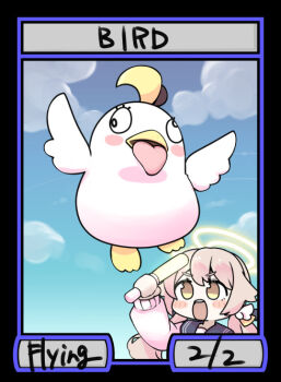 1girl animal bird black_sailor_collar blue_archive blue_sky blush_stickers brown_eyes brown_hair card_(medium) cardigan chibi cloud day english_text glowstick hair_between_eyes halo hifumi_(blue_archive) holding long_hair long_sleeves low_twintails miranofuudoria open_mouth outdoors peroro_(blue_archive) puffy_long_sleeves puffy_sleeves sailor_collar school_uniform serafuku sky twintails upper_body v-shaped_eyebrows white_cardigan