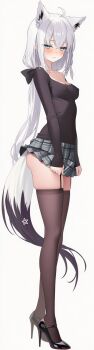 1girl absurdres ahoge animal_ear_fluff animal_ear_piercing animal_ears aqua_eyes ass black_shirt blush bow braid breasts covered_erect_nipples fox_ears fox_girl fox_tail full_body garter_straps hair_between_eyes hair_bow high_heels highres hololive hololive_gamers long_hair low-cut medium_breasts miniskirt moi6d6f69 pentagram plaid_clothes plaid_skirt pulling_own_clothes shirakami_fubuki shirt side_braid single_braid skirt standing sweater tail thighhighs thighs virtual_youtuber white_background white_hair