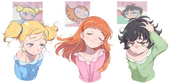 3girls :> =_= bags_under_eyes bare_shoulders black_hair blonde_hair blossom_(ppg) blunt_bangs bubbles_(ppg) buttercup_(ppg) buttercup_redraw_challenge_(meme) collage collarbone cropped_torso floating_hair frown highres long_sleeves looking_afar meme messy_hair multiple_girls off-shoulder_shirt off_shoulder orange_hair powerpuff_girls reference_inset screenshot_inset shirt simple_background single_bare_shoulder sleepy straight_hair ter_(otokoter) twintails upper_body white_background