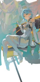 Rule 34 | 1girl, absurdres, bigchaping, blue eyes, blue hair, decorations, dress, formal clothes, highres, long legs, mecha, military, robot, seed (zenless zone zero), seed sr., suit, zenless zone zero